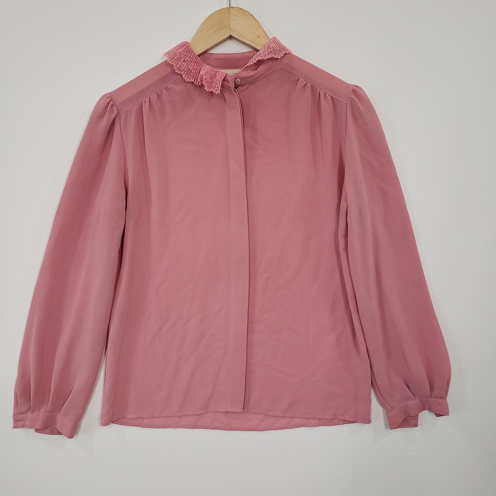 Anne French Blouse Women Pink Vintage 80s Lace Ruffle Collar Long Sleeve Regency